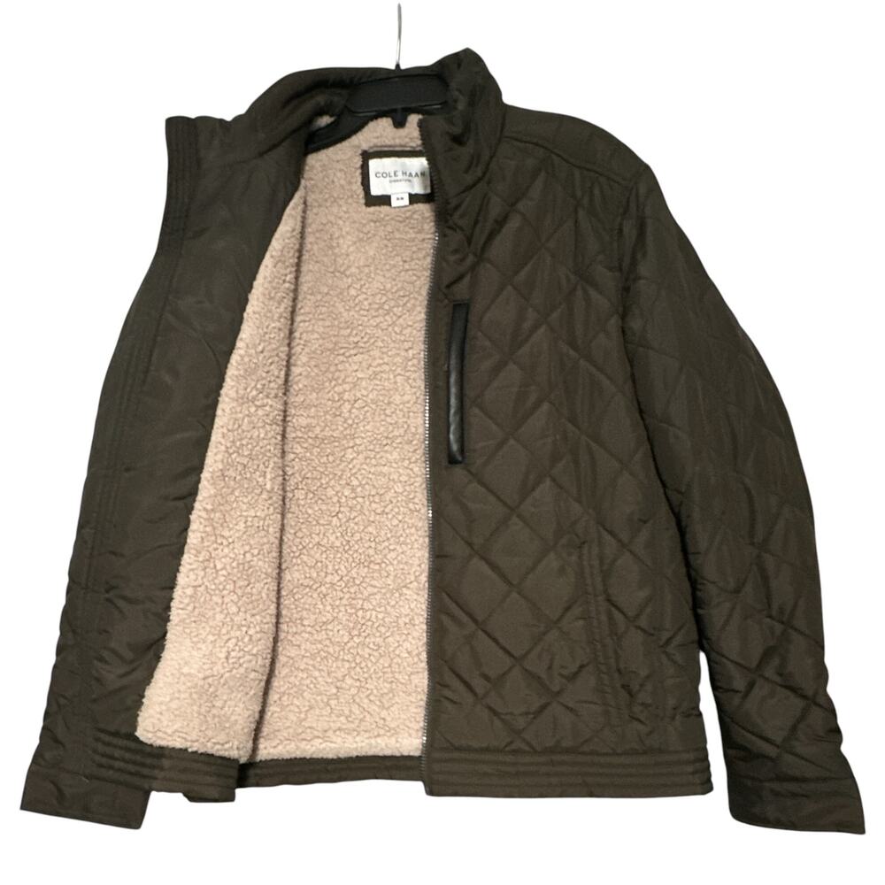 Cole Haan Signature Diamond Quilted Jacket Men M Olive Sherpa Lined Stand Collar